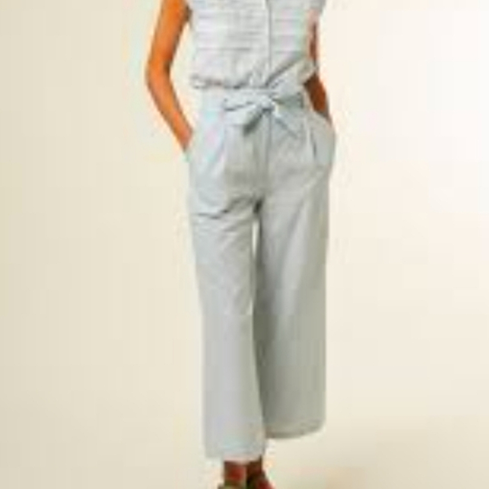 FRNCH Wide Leg Cropped Pants, Gingham, Linen Blend, High Waist 30"
